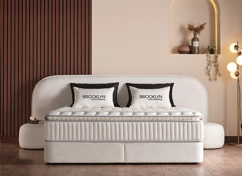 Lit Brooklyn — Boxspring bouclé à coffres de rangement