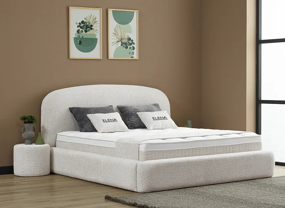 Lit Elena — Boxspring bouclé à coffres de rangement