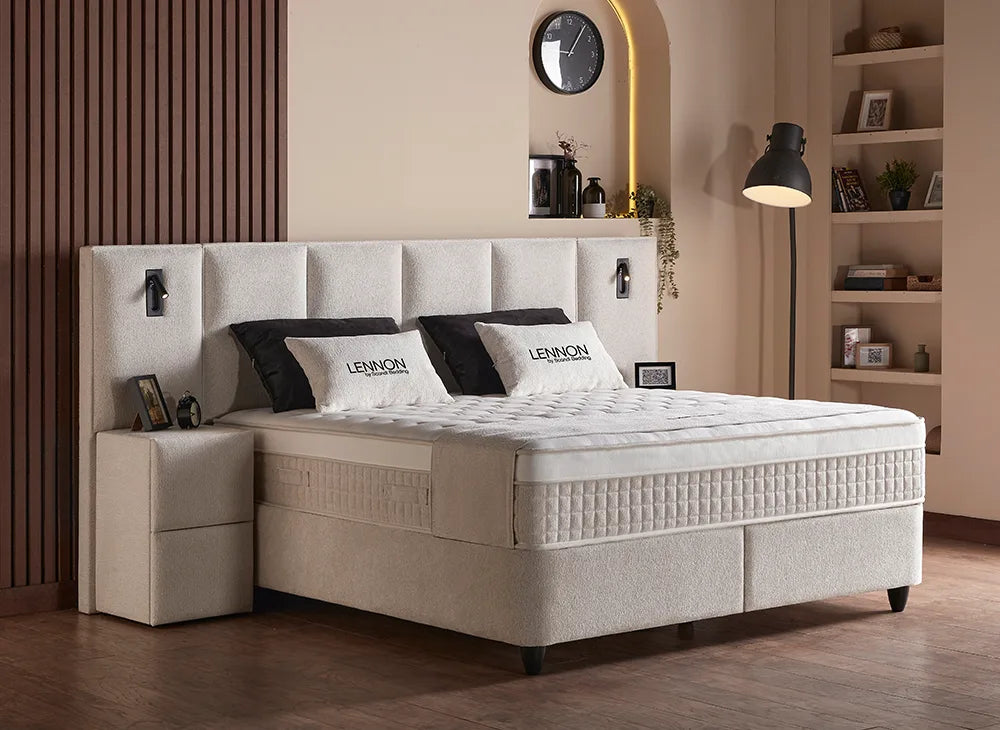 Lit Lennon — Boxspring bouclé à coffres et liseuses