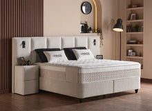 Lit Lennon — Boxspring bouclé à coffres et liseuses