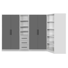 Rangement Systemix en décor papier sur panneaux de particules BLANC / ANTHRACITE, vue de trois quarts opposée avec armoires anthracite, module d'angle blanc et colonnes d'étagères ouvertes