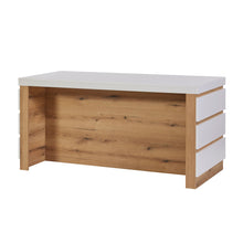 Rangement Urbino en panneaux revêtus WIT (blanc), buffet bas vu de profil dévoilant la structure ouverte et les panneaux latéraux en chêne