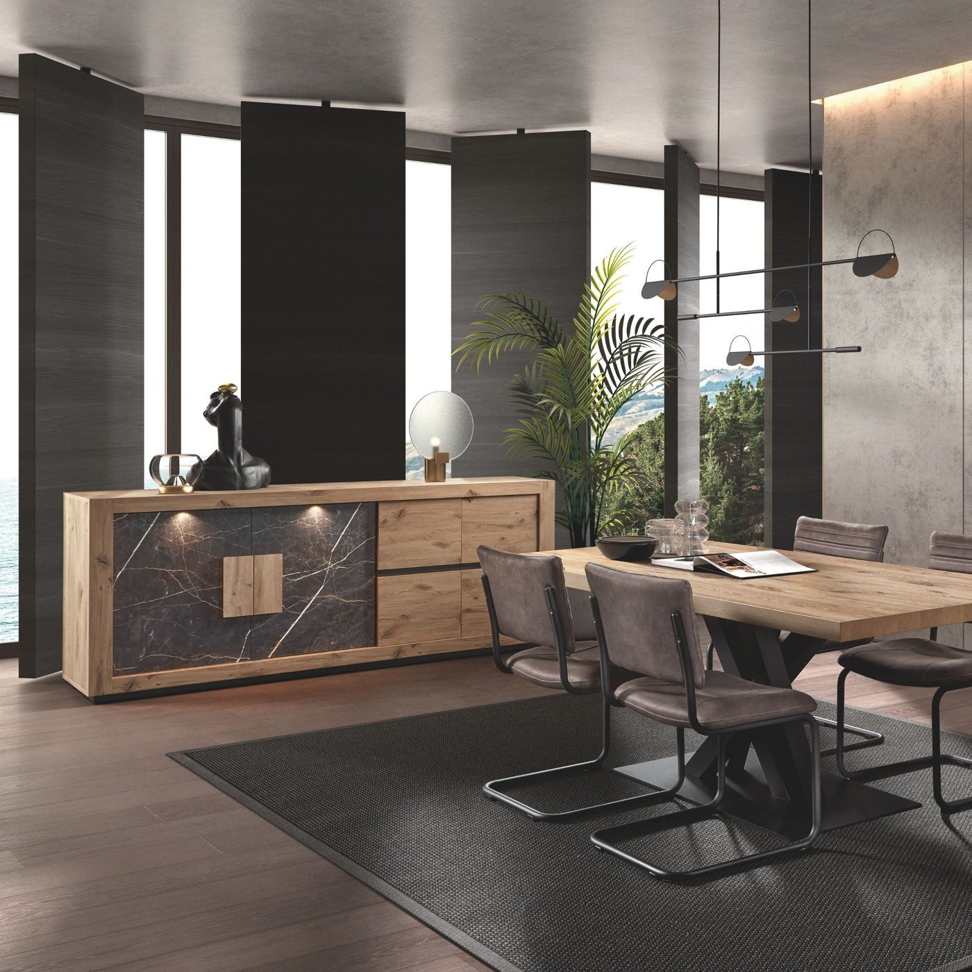 Salle à manger Sacha (Canyon Oak / Marmer / Nox), bahut et table à manger en ambiance intérieur design sombre