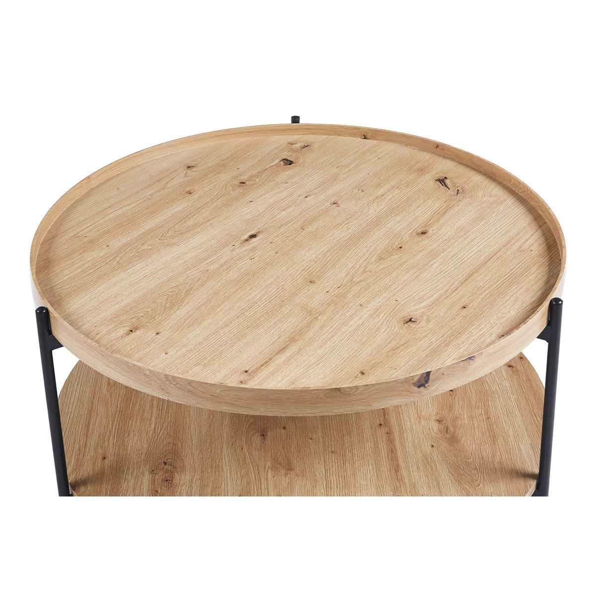 Table basse Dalina — Plateau rond, décor chêne vieilli