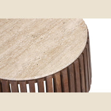 Table basse Luuk — Ronde, manguier et travertin