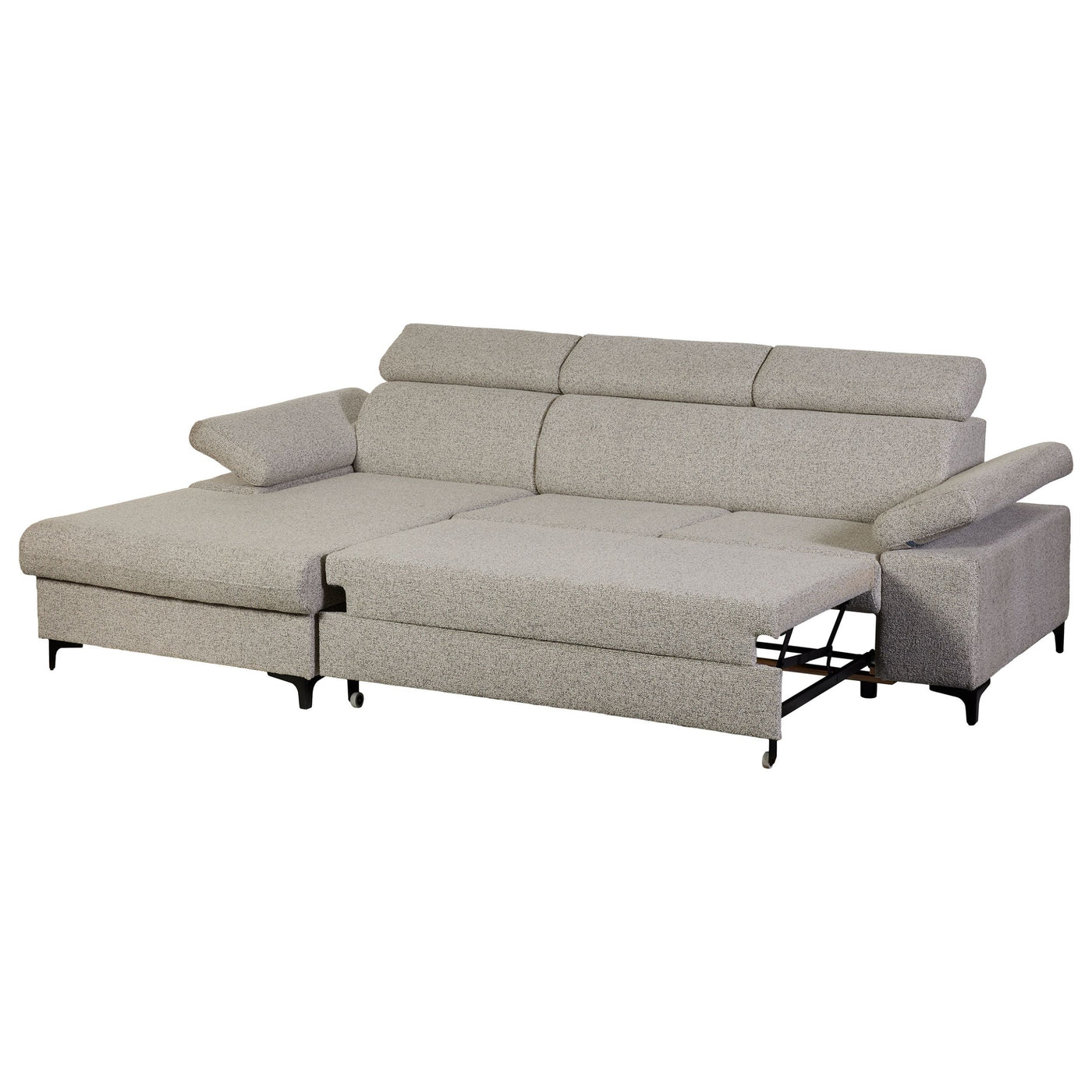Canapé Macon ARAGON beige méridienne gauche, lit intégré déployé, fond blanc 