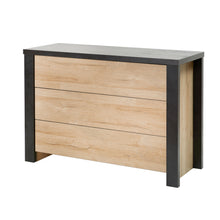 Commode Phaedra 3 tiroirs fermée, façade FRENCH OAK et plateau NOX anthracite