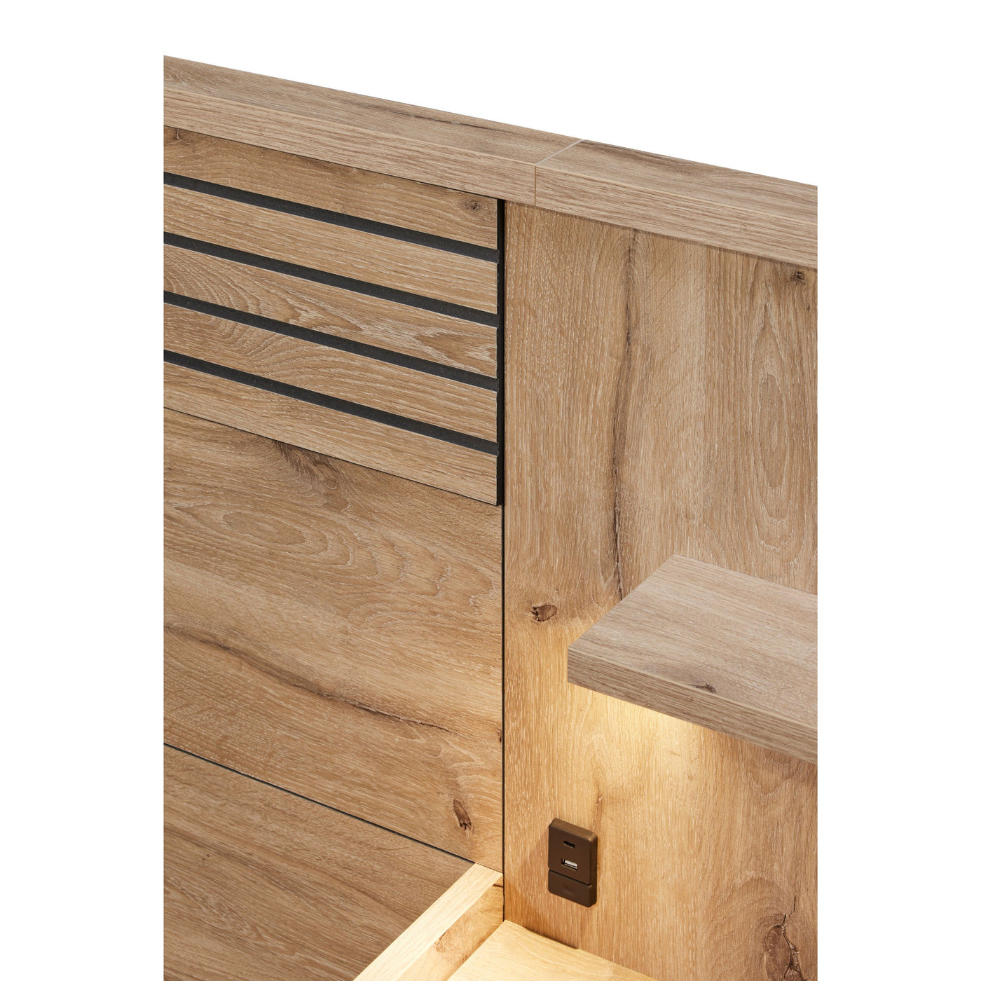 Tête de lit Tanya CANYON OAK : rainures ELEGANT BLACK, tablette latérale éclairée et prise USB intégrée