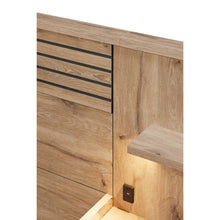 Tête de lit Tanya CANYON OAK : rainures ELEGANT BLACK, tablette latérale éclairée et prise USB intégrée