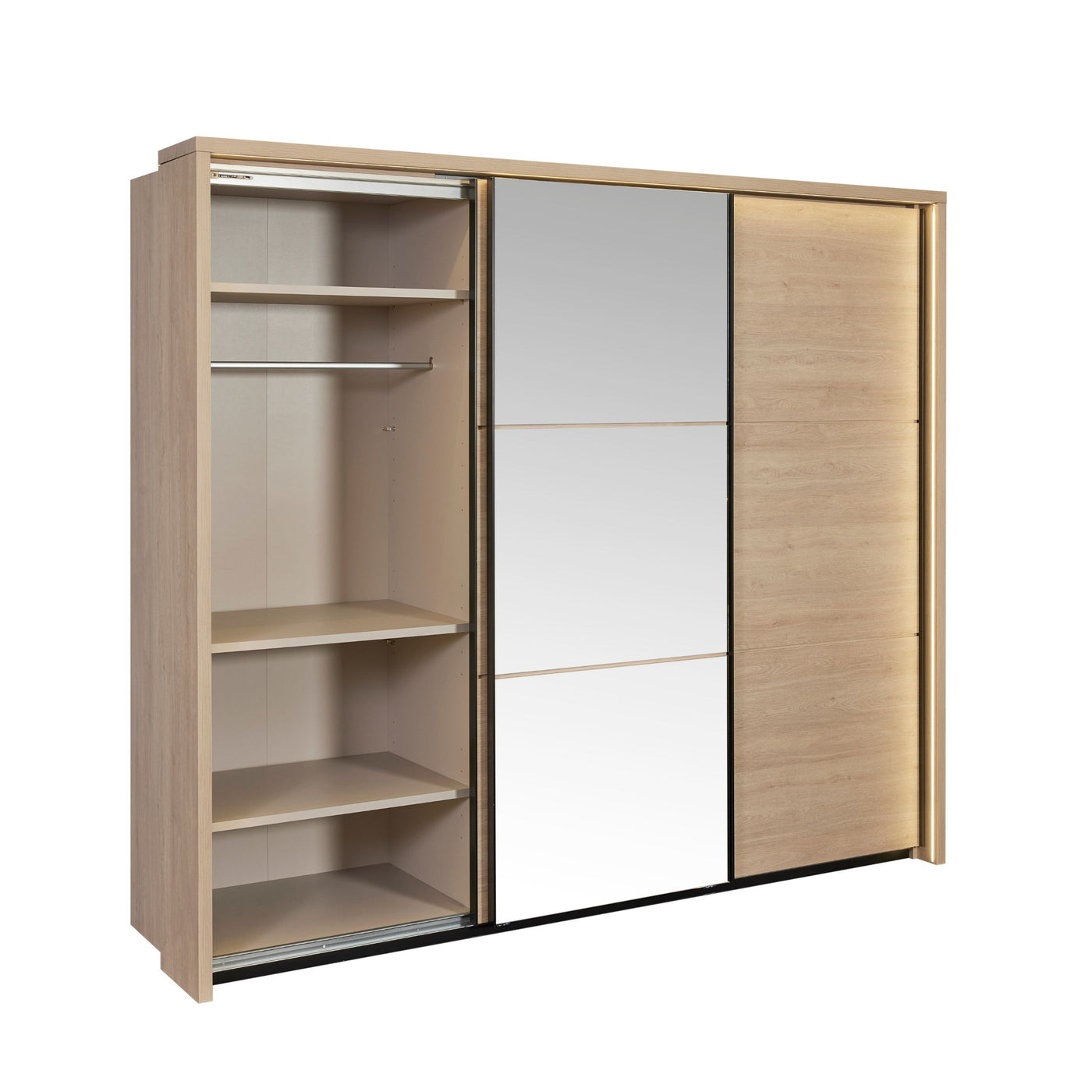 Intérieur de l'armoire Udine : section gauche ouverte avec penderie et étagères