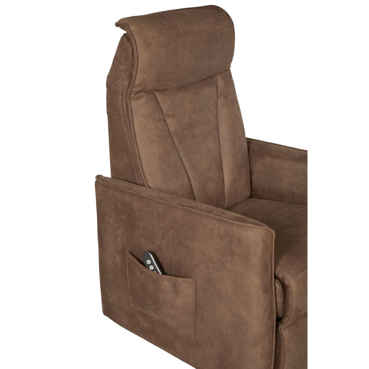 Fauteuil relax Levi en tissu brun foncé, détail du dossier 