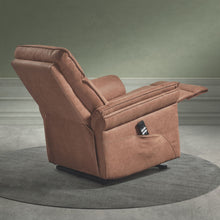 Fauteuil relax Mandelieu en tissu cognac, vue de profil, position releveur (lift)
