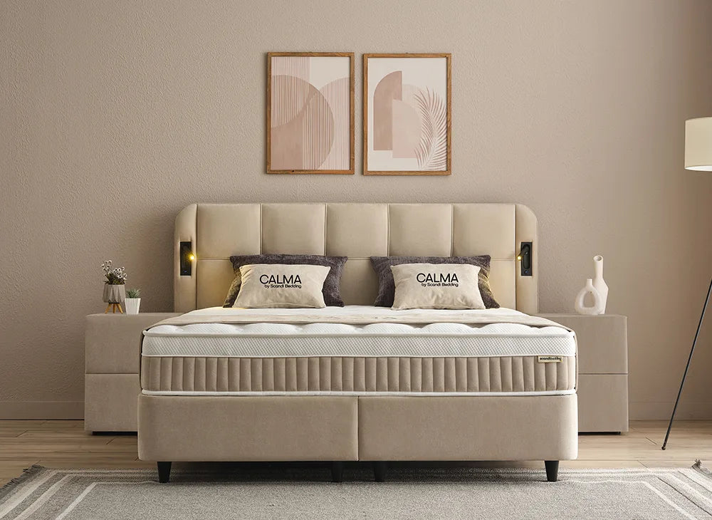 Lit Calma — Boxspring à coffres et tête de lit lumineuse