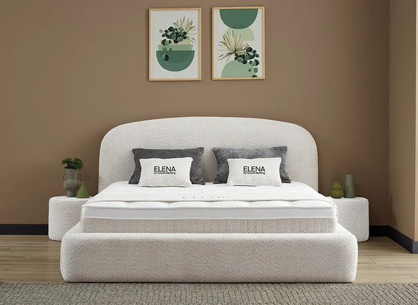 Lit Elena — Boxspring bouclé à coffres de rangement