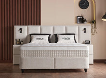 Lit Lennon — Boxspring bouclé à coffres et liseuses