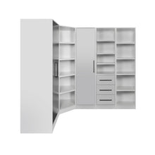 Rangement Systemix en décor papier sur panneaux de particules BLANC / ANTHRACITE, vue de trois quarts montrant le module d'angle, une porte anthracite et plusieurs colonnes d'étagères ouvertes