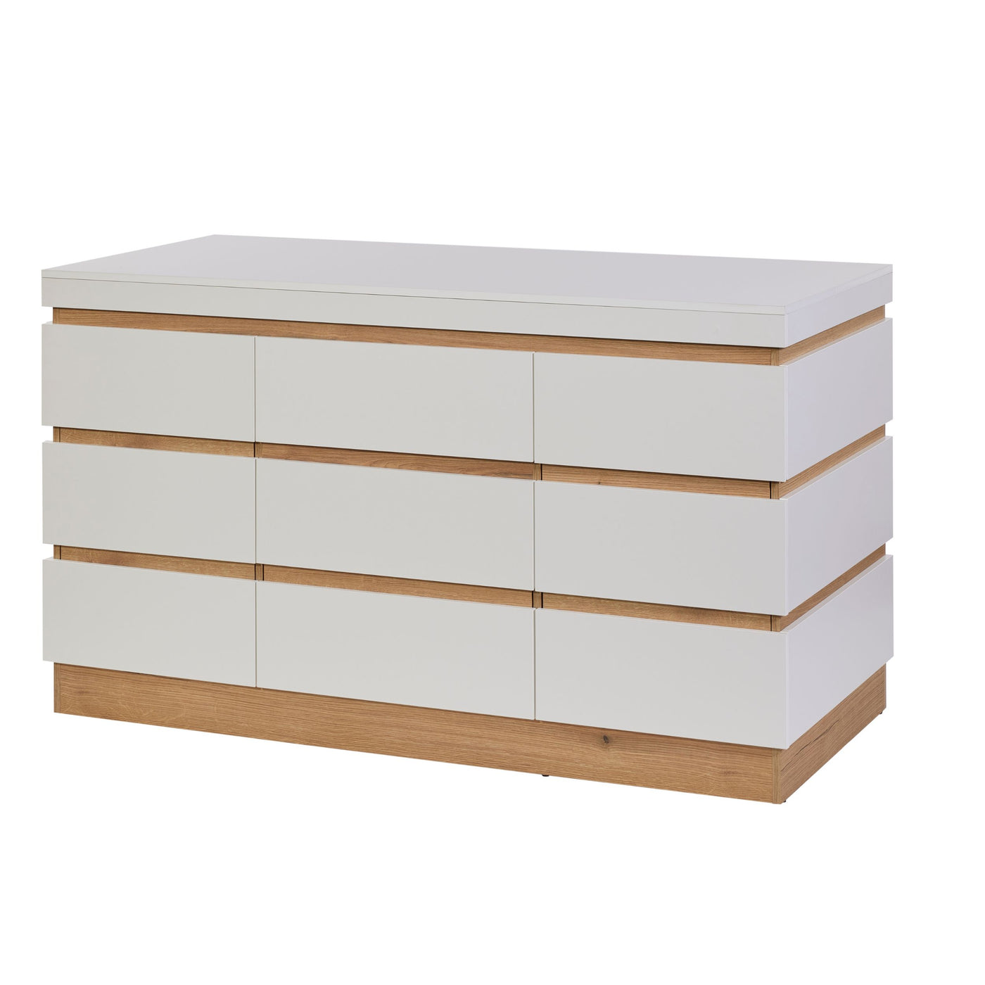 Rangement Urbino en panneaux revêtus WIT (blanc), buffet bas vu de trois quarts toutes façades fermées avec socle en chêne 