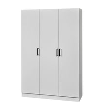 Rangement Wilson en décor papier sur panneaux de particules BLANC, armoire 3 portes blanche vue de trois-quarts sur fond neutre