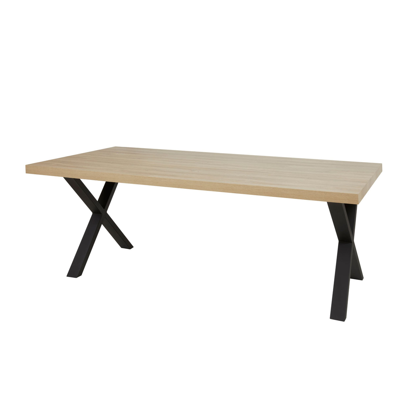 Salle à manger Marnix (French Oak), table fixe à piétement X métal noir, packshot trois quarts