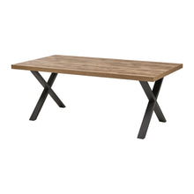 Salle à manger Onno (décor TROPIX), table à manger à piétement métal noir en X, vue trois-quarts sur fond blanc