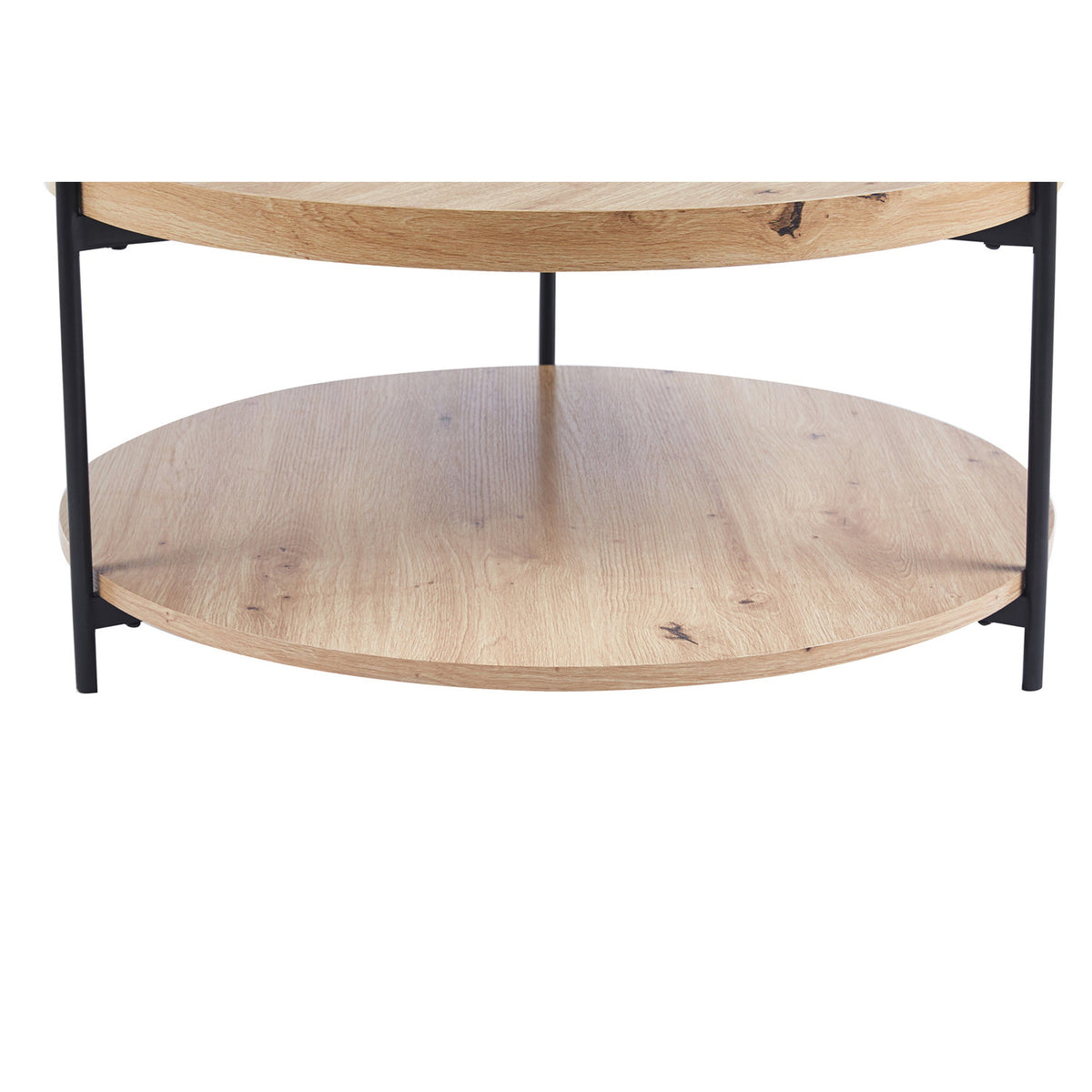 Table basse Dalina — Plateau rond, décor chêne vieilli
