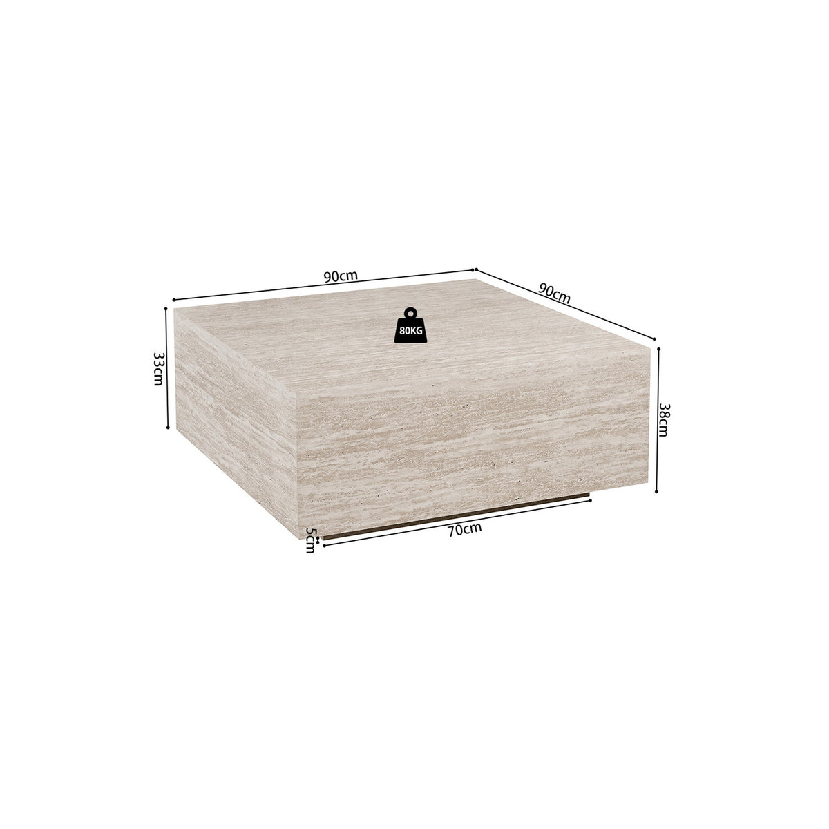 Table basse Jane — Bloc décor travertin, carrée 90 cm
