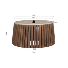 Table basse Luuk — Ronde, manguier et travertin