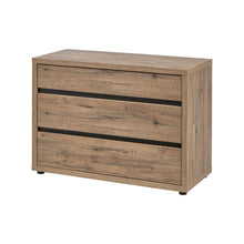 Commode Olivia 3 tiroirs SCARLET OAK fermée, poignées barre noire, plateau chêne brossé