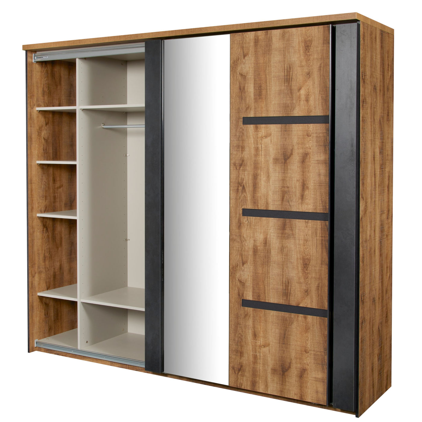 Intérieur armoire Pauline 217 cm : côté gauche ouvert avec étagères et penderie