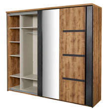 Intérieur armoire Pauline 217 cm : côté gauche ouvert avec étagères et penderie