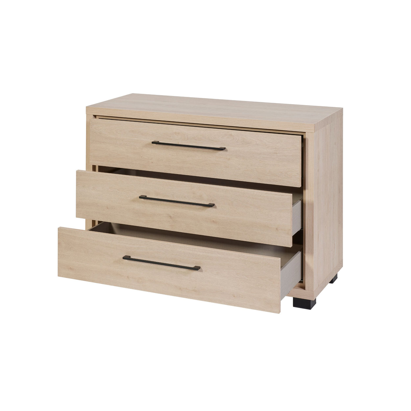 Commode Udine 3 tiroirs URBAN OAK ouverte, tiroirs softclose et poignées noires mate 