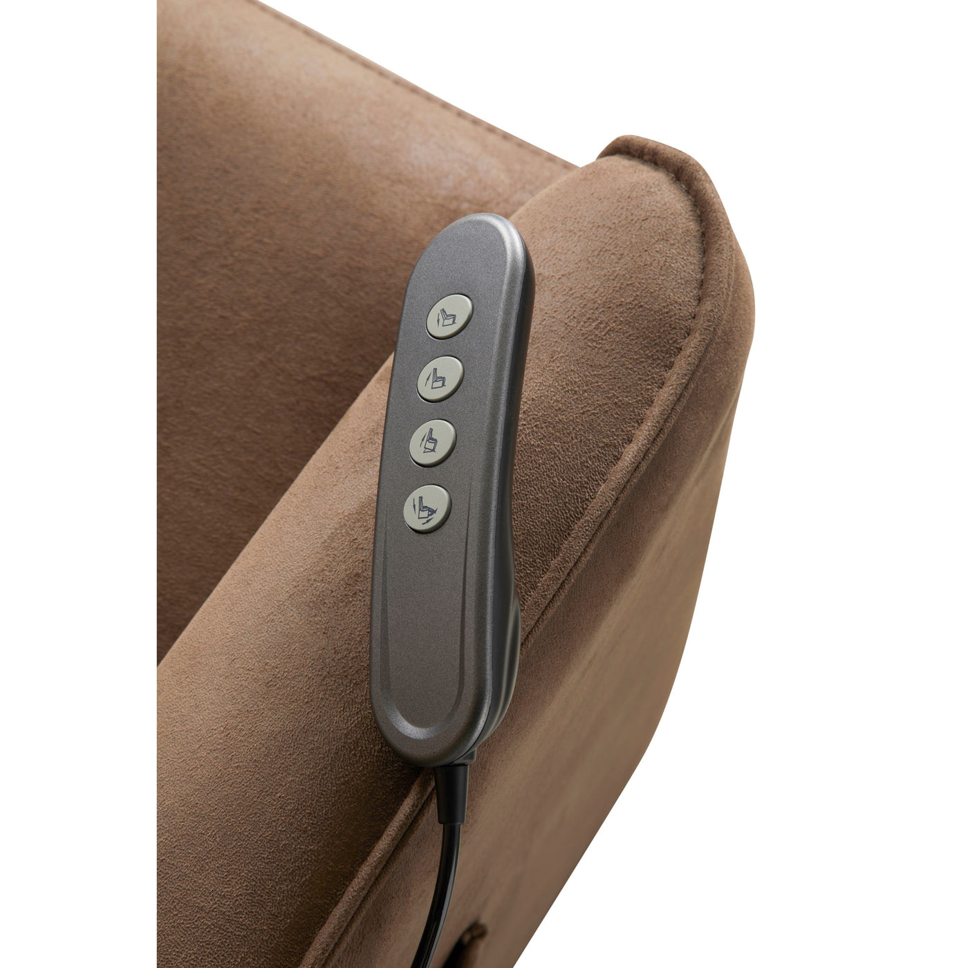 Fauteuil relax Levi en tissu brun foncé, détail du mécanisme relax électrique