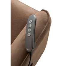 Fauteuil relax Levi en tissu brun foncé, détail du mécanisme relax électrique