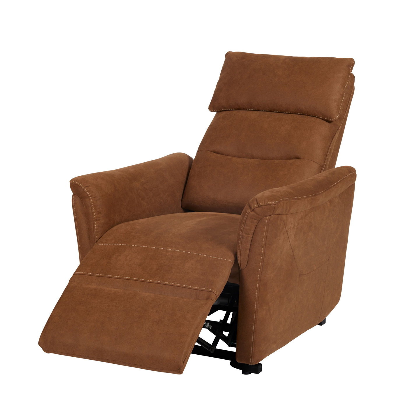 Fauteuil relax Mayenne en tissu cognac, vue de trois-quarts, position relax déployée
