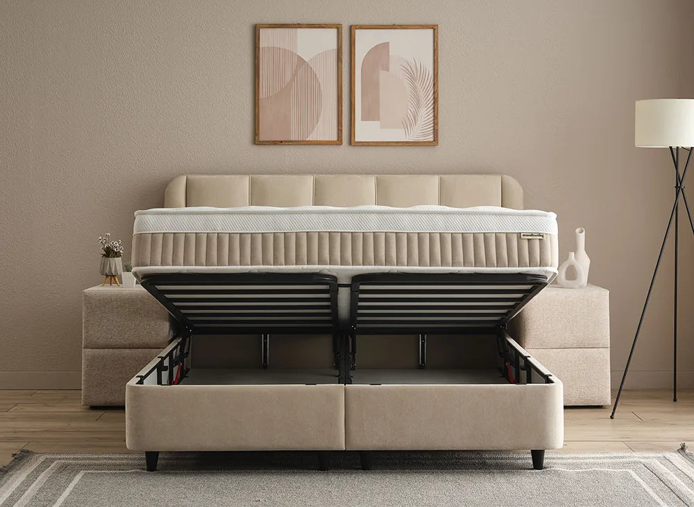 Lit Calma — Boxspring à coffres et tête de lit lumineuse