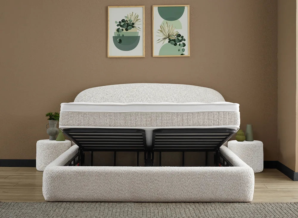 Lit Elena — Boxspring bouclé à coffres de rangement