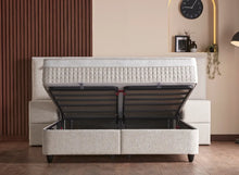 Lit Lennon — Boxspring bouclé à coffres et liseuses