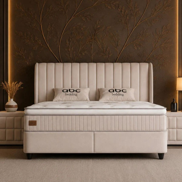 Lit Mabel — Boxspring beige, coffre & bout de lit inclus