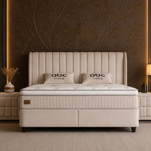 Lit Mabel — Boxspring beige, coffre & bout de lit inclus