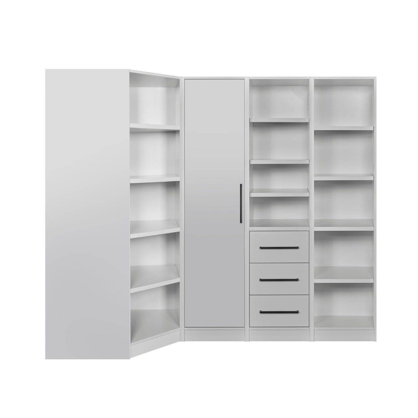 Rangement Systemix en décor papier sur panneaux de particules BLANC / ANTHRACITE, vue de trois quarts d'une composition blanche d'étagères ouvertes avec module d'angle, porte et colonne de tiroirs