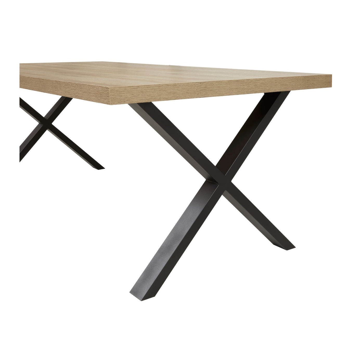 Salle à manger Rico (bi-ton Arizona Oak & Nero), détail des pieds X métal noir de la table à manger sur fond blanc