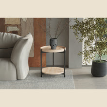 Table basse Dalina — Plateau rond, décor chêne vieilli