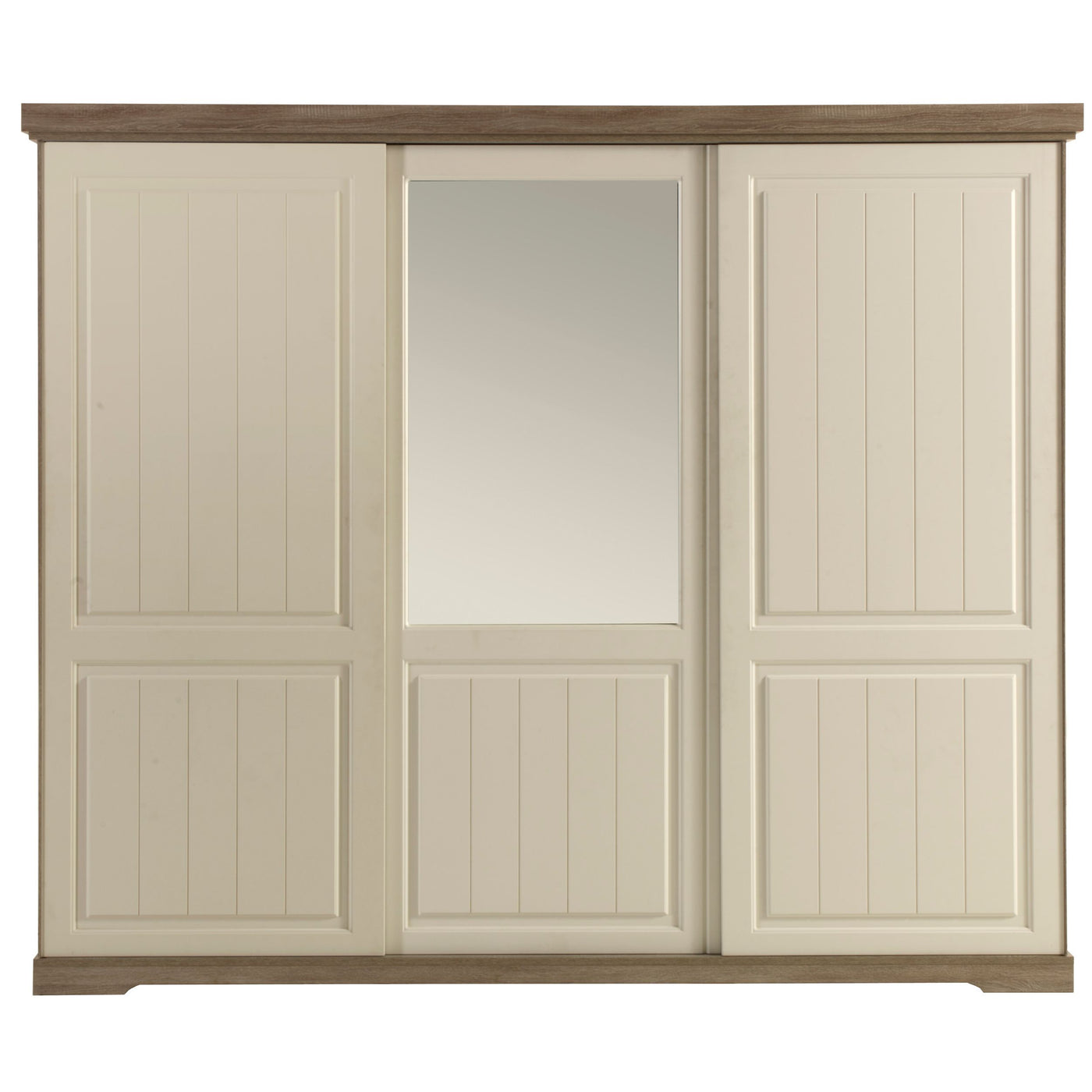 Armoire 3 portes coulissantes Ivette avec miroir central, finition TRUFFLE + PORCELAINE