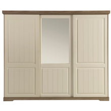 Armoire 3 portes coulissantes Ivette avec miroir central, finition TRUFFLE + PORCELAINE