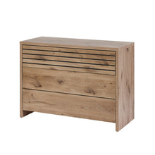 Commode Tanya 3 tiroirs CANYON OAK fermée, façades à rainures ELEGANT BLACK et plateau chêne naturel