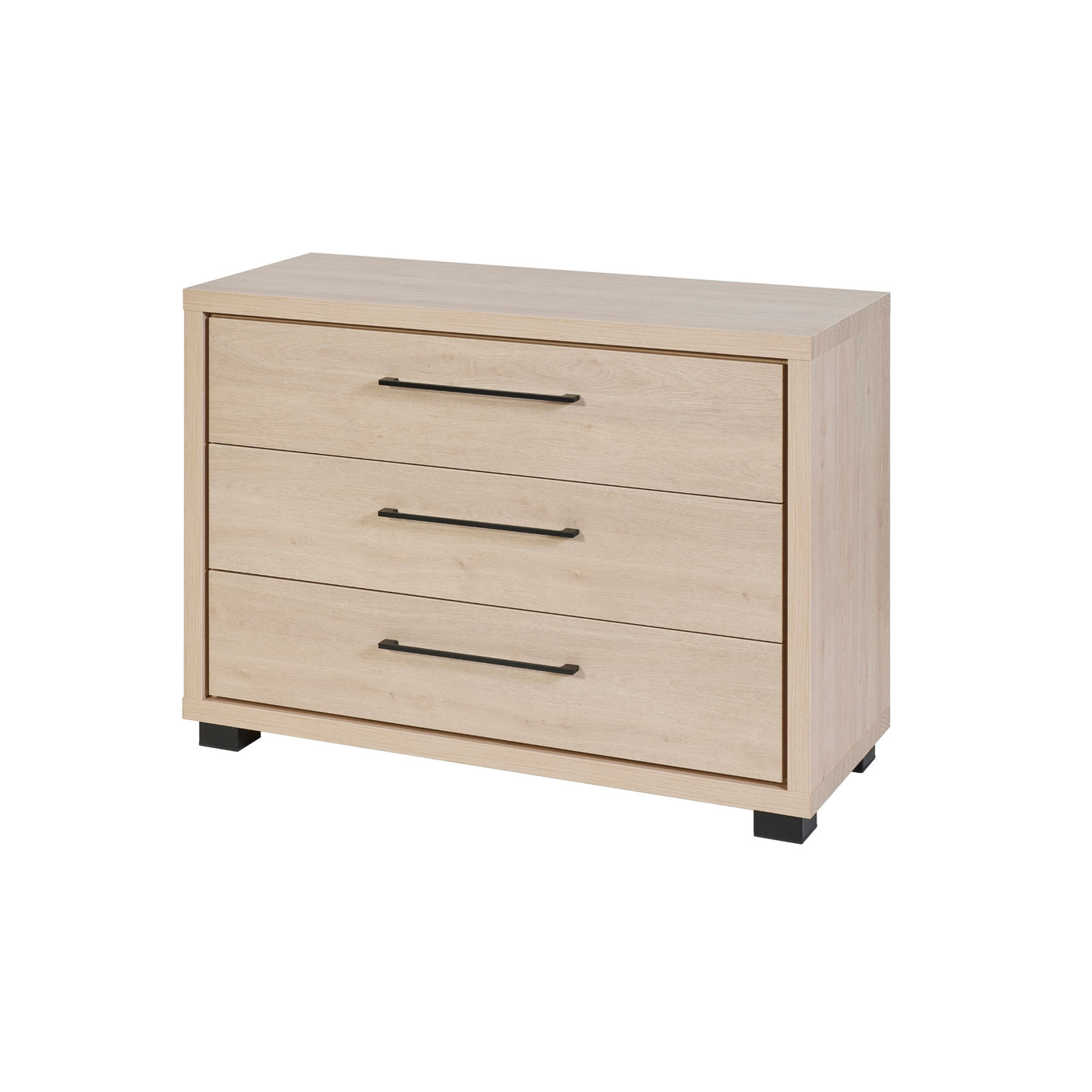 Commode Udine 3 tiroirs URBAN OAK, angle 3/4, poignées noires mate