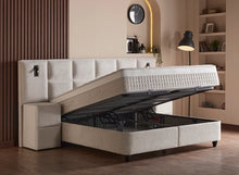 Lit Lennon — Boxspring bouclé à coffres et liseuses