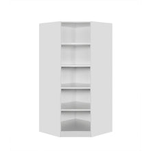 Rangement Systemix en décor papier sur panneaux de particules BLANC / ANTHRACITE, module d'angle blanc seul avec cinq niveaux d'étagères ouvertes vu de face