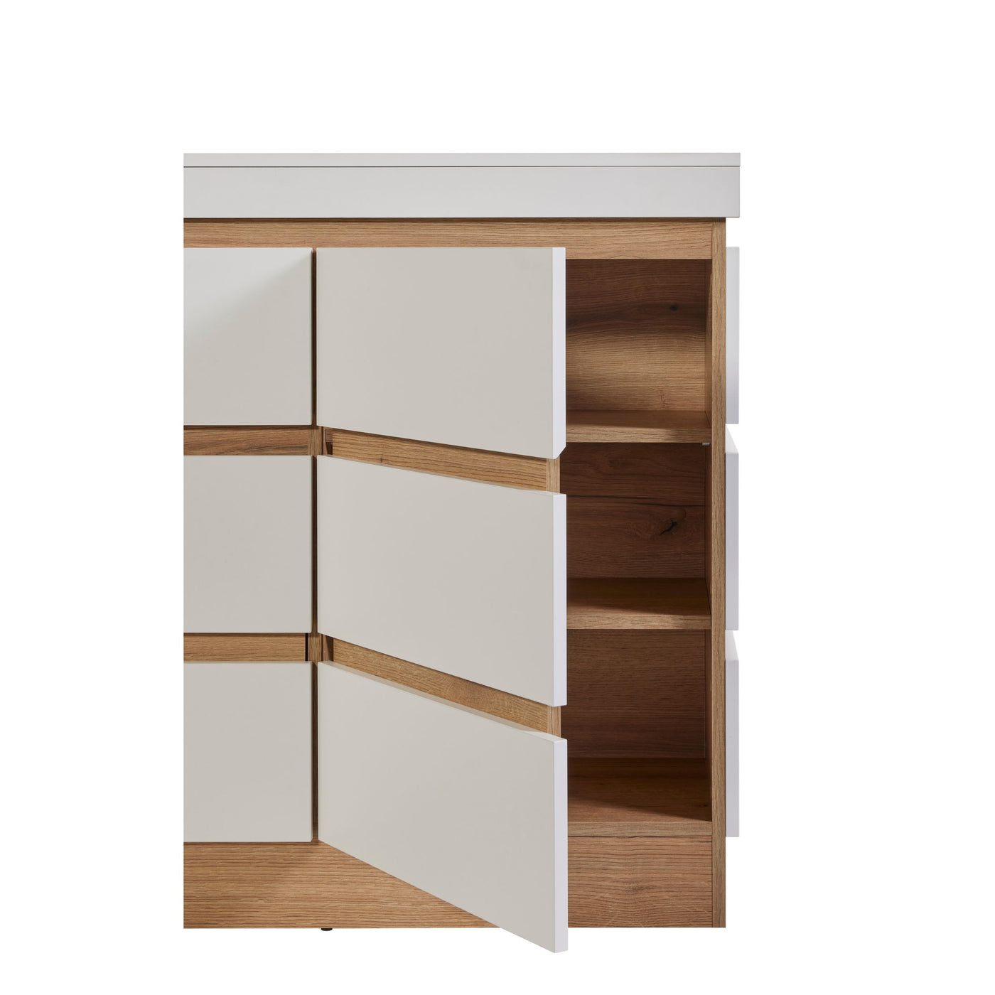 Rangement Urbino en panneaux revêtus WIT (blanc), détail des façades entrouvertes laissant voir les étagères intérieures en chêne