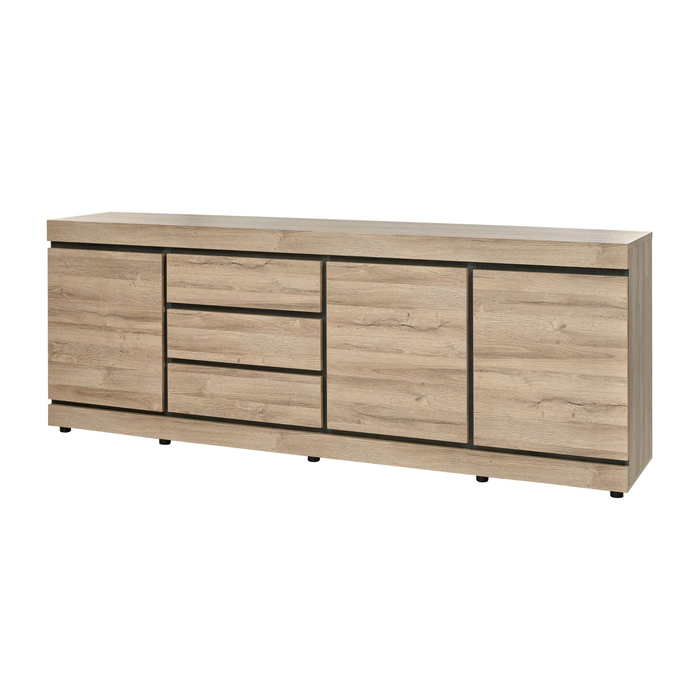 Salle à manger Marnix (French Oak), grand bahut trois portes et trois tiroirs fermé, packshot trois quarts